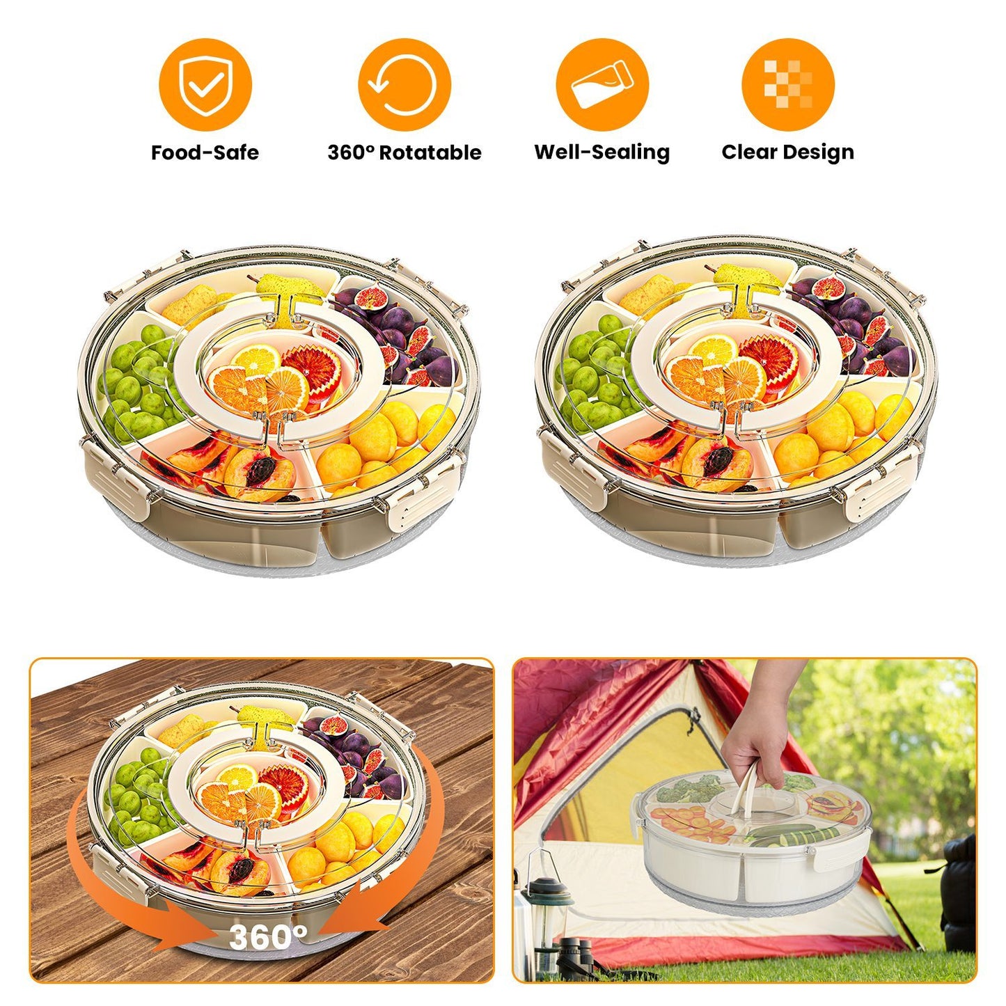2 Pcs Divided Serving Tray With Lid And Handle 360 Degree Rotatable Snack Box Container With 6 Dividers