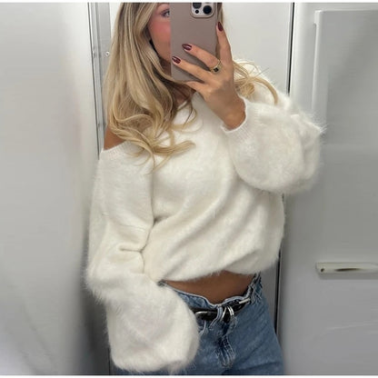 New Loose Diagonal Collar Solid Color Sweater For Women