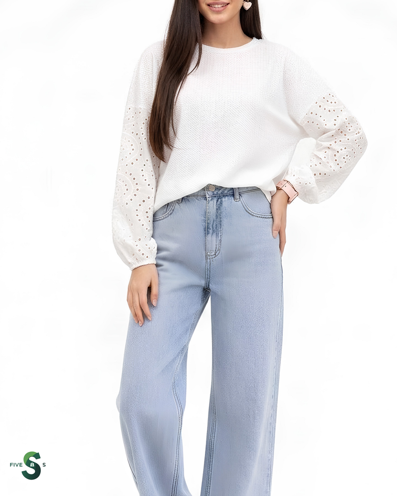Shiny Eyelet Dropped Shoulder Round Neck Blouse