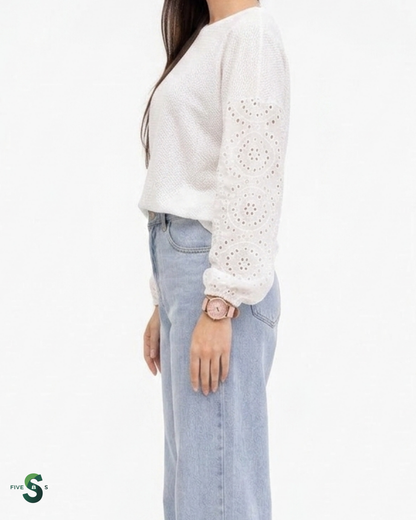 Shiny Eyelet Dropped Shoulder Round Neck Blouse
