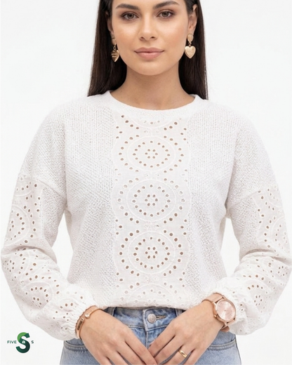 Shiny Eyelet Dropped Shoulder Round Neck Blouse