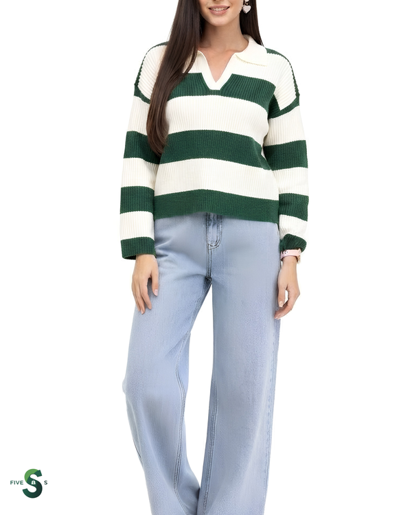 Zenana Striped Collared Sweater