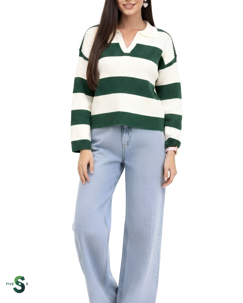 Zenana Striped Collared Sweater