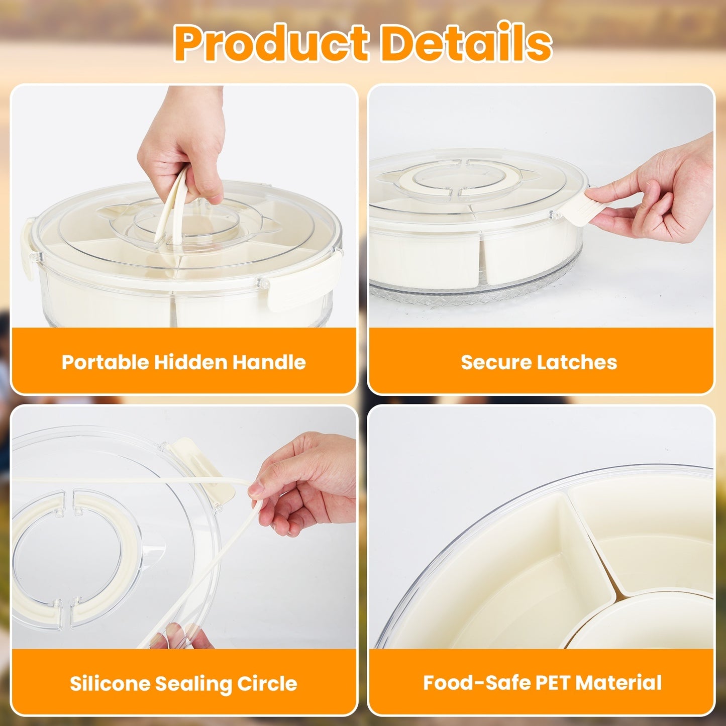 2 Pcs Divided Serving Tray With Lid And Handle 360 Degree Rotatable Snack Box Container With 6 Dividers