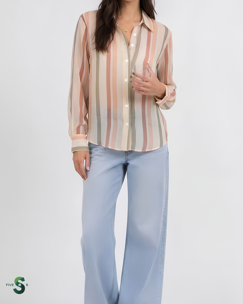 Ladies' Long-sleeved Striped Printed Versatile Casual Shirt