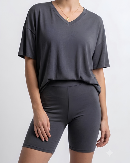 Basic Bae Full Size V-Neck Drop Shoulder T-Shirt and Shorts Set