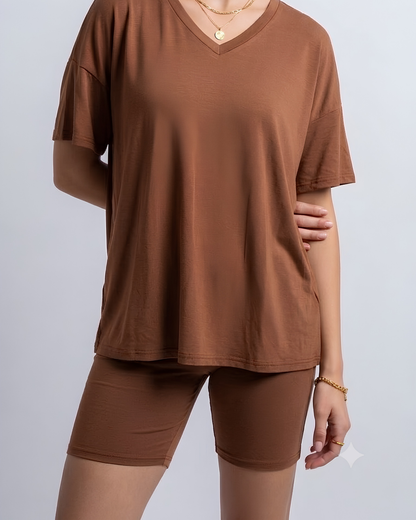 Basic Bae Full Size V-Neck Drop Shoulder T-Shirt and Shorts Set
