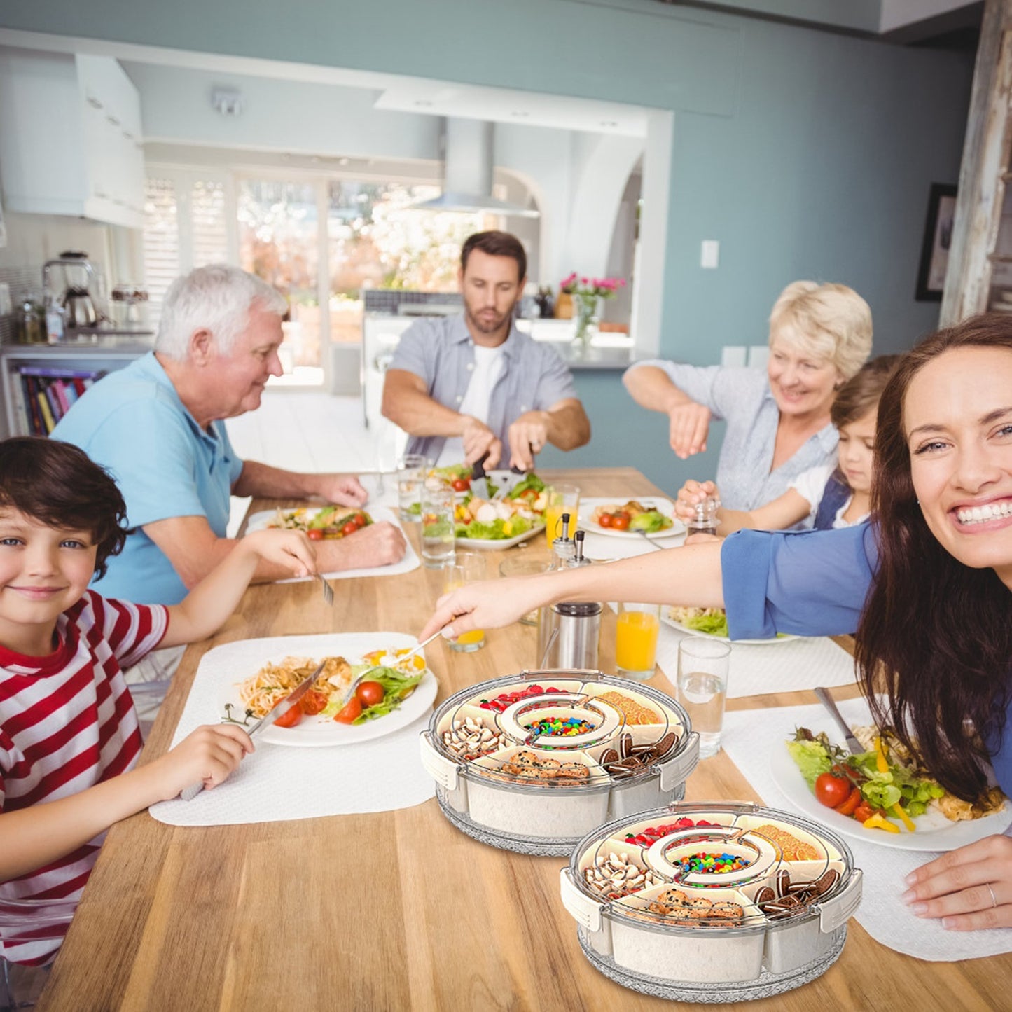 2 Pcs Divided Serving Tray With Lid And Handle 360 Degree Rotatable Snack Box Container With 6 Dividers