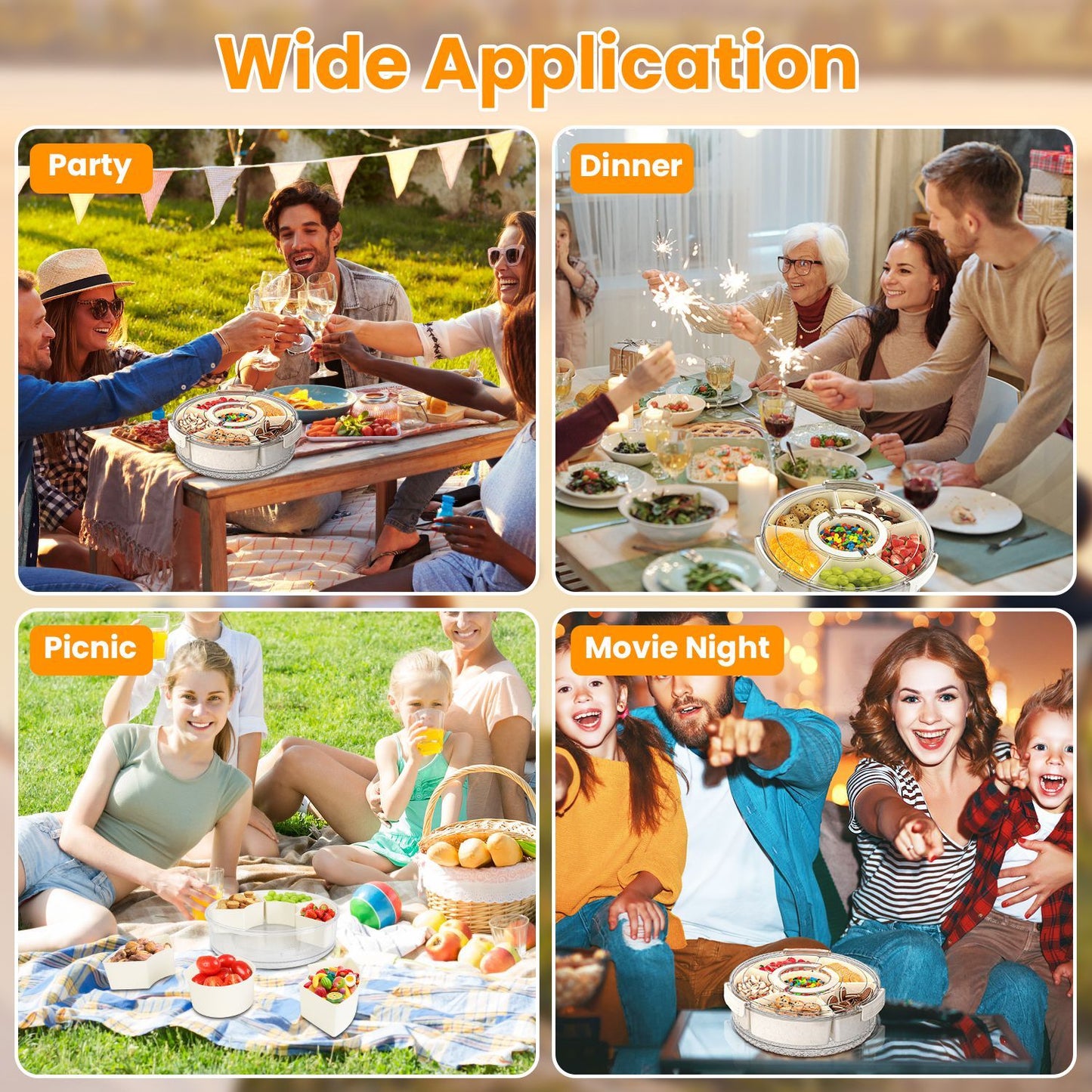 2 Pcs Divided Serving Tray With Lid And Handle 360 Degree Rotatable Snack Box Container With 6 Dividers