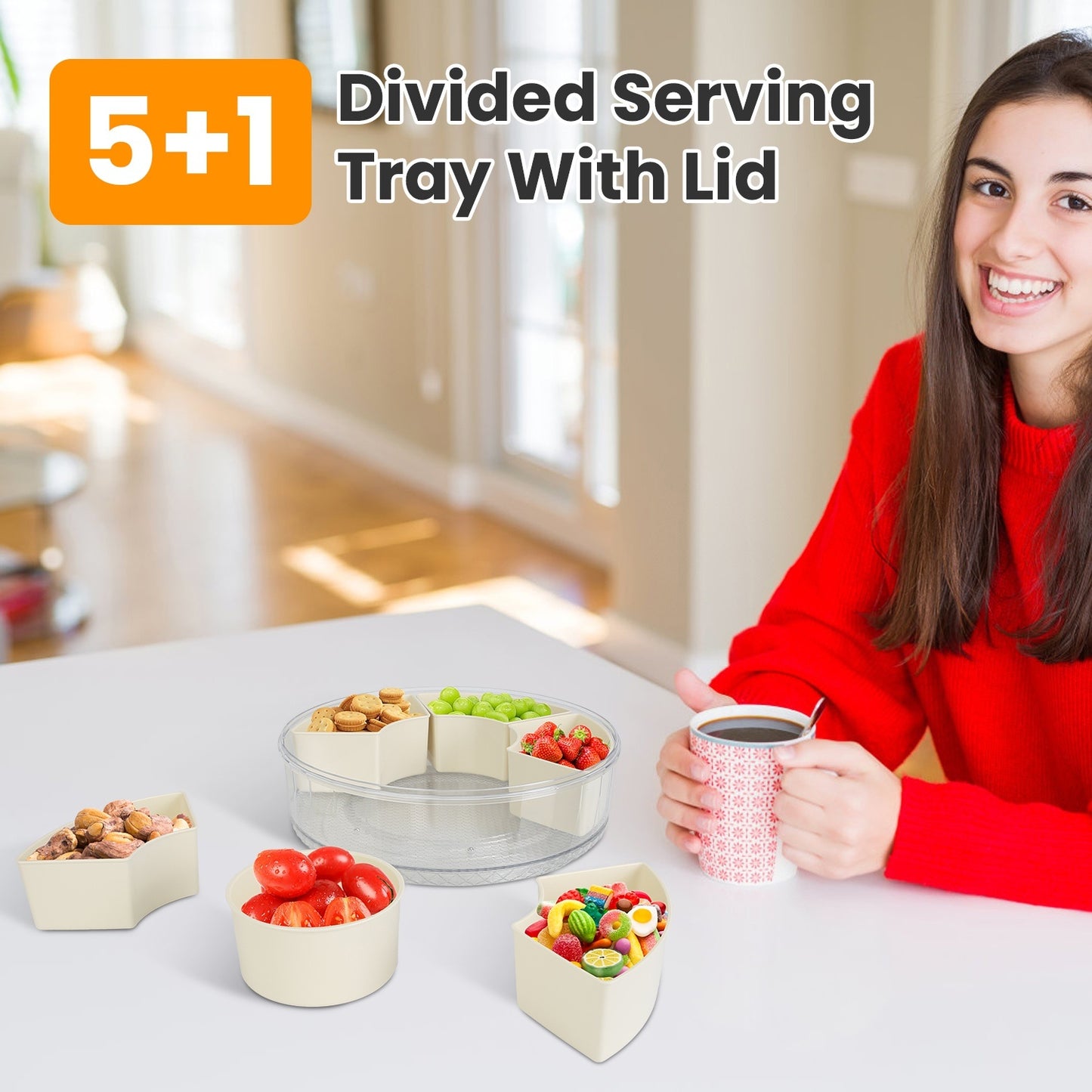 2 Pcs Divided Serving Tray With Lid And Handle 360 Degree Rotatable Snack Box Container With 6 Dividers